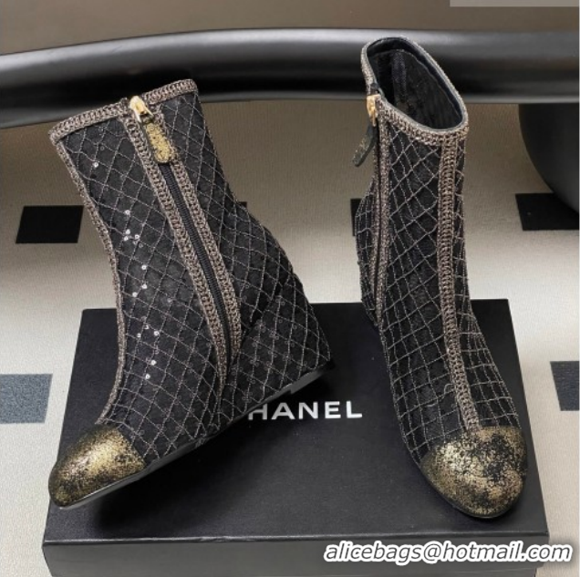 Duplicate Chanel Sequins and Mesh Wedge Ankle Boots 7.5cm CH030705 Black 2026