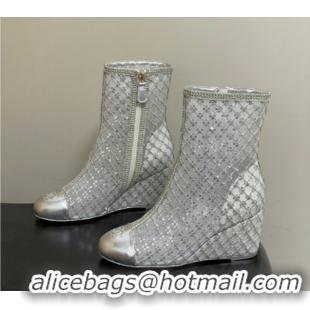 Sumptuous Chanel Sequins and Mesh Wedge Ankle Boots 7.5cm CH030705 Silver 2026
