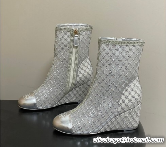 Sumptuous Chanel Sequins and Mesh Wedge Ankle Boots 7.5cm CH030705 Silver 2026