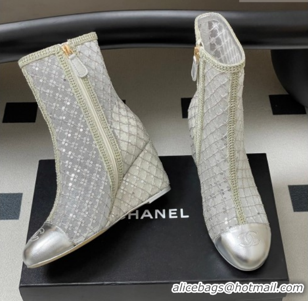 Sumptuous Chanel Sequins and Mesh Wedge Ankle Boots 7.5cm CH030705 Silver 2026