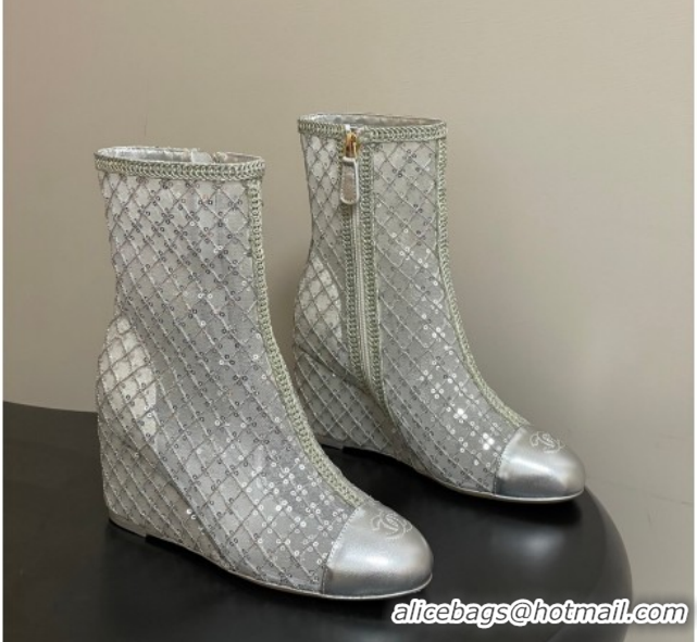 Sumptuous Chanel Sequins and Mesh Wedge Ankle Boots 7.5cm CH030705 Silver 2026