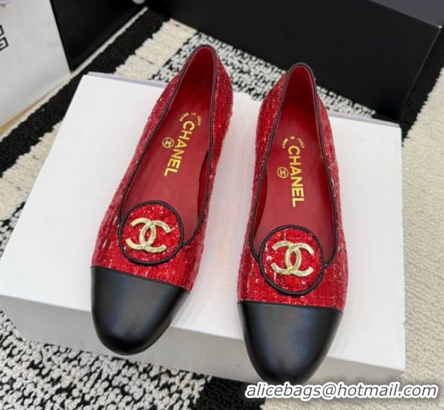 Big Discount Chanel Sequins & Leather Ballets Flat with Circle CC CH030706 Red 2026