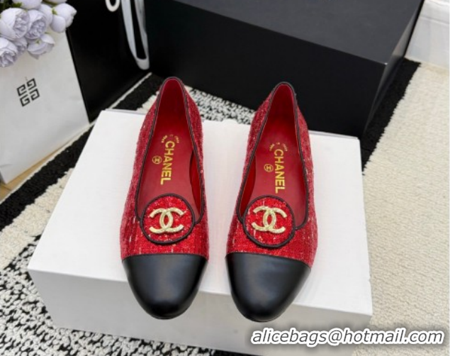 Big Discount Chanel Sequins & Leather Ballets Flat with Circle CC CH030706 Red 2026