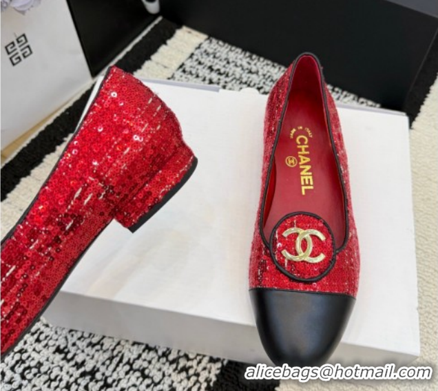 Big Discount Chanel Sequins & Leather Ballets Flat with Circle CC CH030706 Red 2026