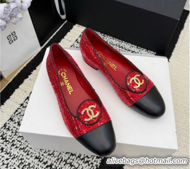 Big Discount Chanel Sequins & Leather Ballets Flat with Circle CC CH030706 Red 2026