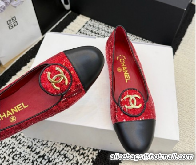 Big Discount Chanel Sequins & Leather Ballets Flat with Circle CC CH030706 Red 2026