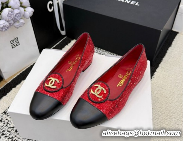 Big Discount Chanel Sequins & Leather Ballets Flat with Circle CC CH030706 Red 2026