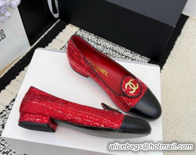 Big Discount Chanel Sequins & Leather Ballets Flat with Circle CC CH030706 Red 2026