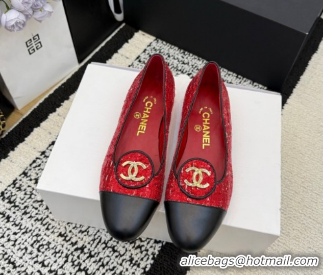 Big Discount Chanel Sequins & Leather Ballets Flat with Circle CC CH030706 Red 2026