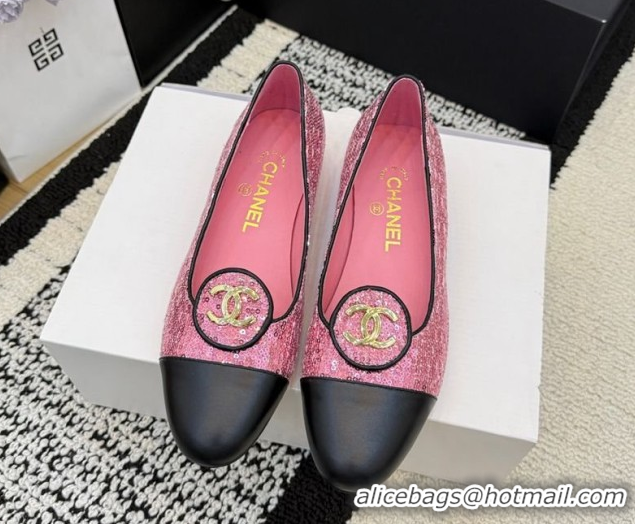 Sophisticated Chanel Sequins & Leather Ballets Flat with Circle CC CH030706 Pink 2026