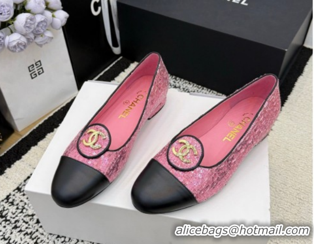 Sophisticated Chanel Sequins & Leather Ballets Flat with Circle CC CH030706 Pink 2026