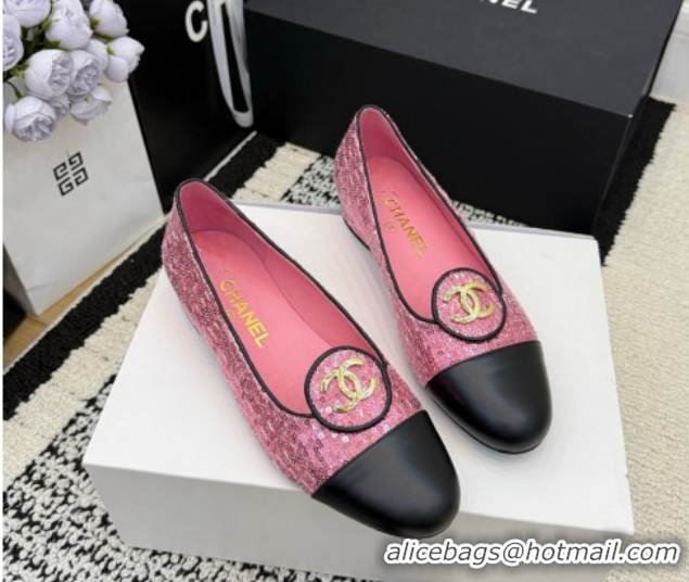 Sophisticated Chanel Sequins & Leather Ballets Flat with Circle CC CH030706 Pink 2026