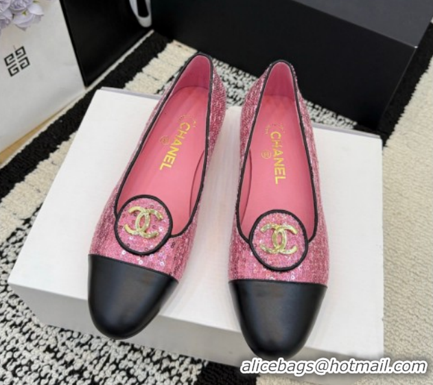 Sophisticated Chanel Sequins & Leather Ballets Flat with Circle CC CH030706 Pink 2026