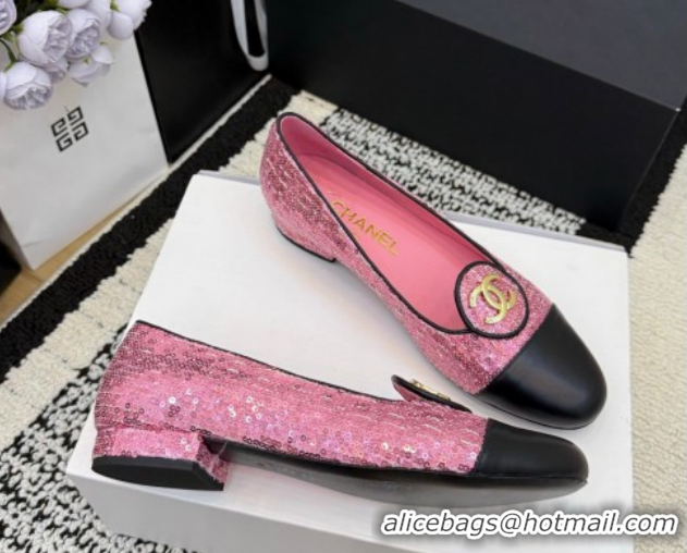 Sophisticated Chanel Sequins & Leather Ballets Flat with Circle CC CH030706 Pink 2026