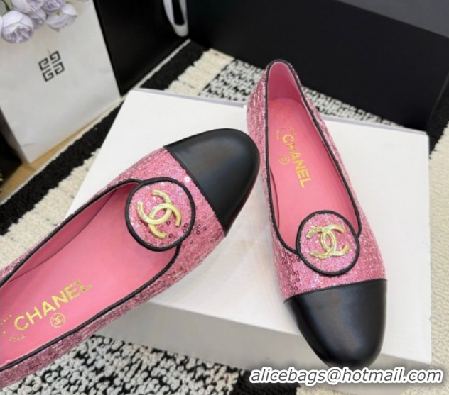 Sophisticated Chanel Sequins & Leather Ballets Flat with Circle CC CH030706 Pink 2026