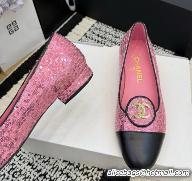 Sophisticated Chanel Sequins & Leather Ballets Flat with Circle CC CH030706 Pink 2026