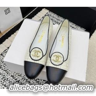 Perfect Chanel Sequins & Leather Ballets Flat with Circle CC CH030706 White 2026