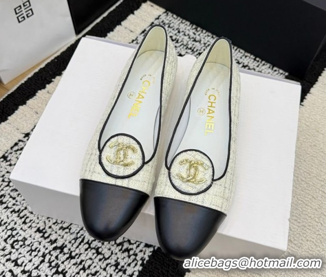 Perfect Chanel Sequins & Leather Ballets Flat with Circle CC CH030706 White 2026