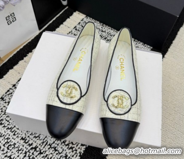 Perfect Chanel Sequins & Leather Ballets Flat with Circle CC CH030706 White 2026