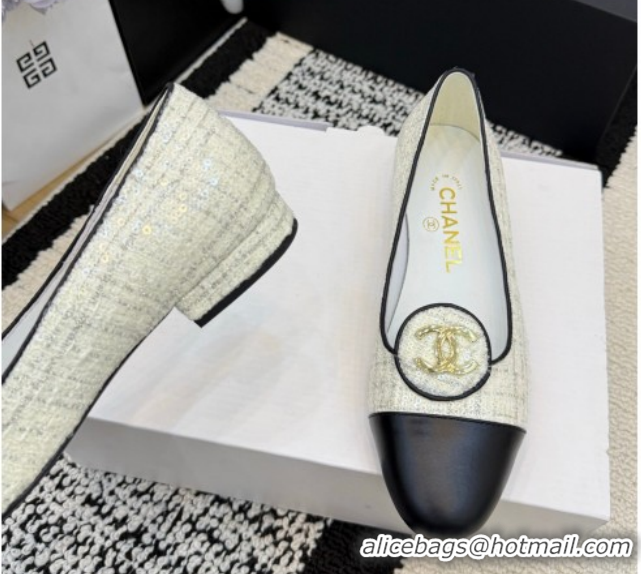 Perfect Chanel Sequins & Leather Ballets Flat with Circle CC CH030706 White 2026