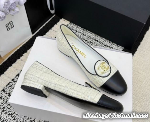 Perfect Chanel Sequins & Leather Ballets Flat with Circle CC CH030706 White 2026