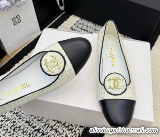 Perfect Chanel Sequins & Leather Ballets Flat with Circle CC CH030706 White 2026
