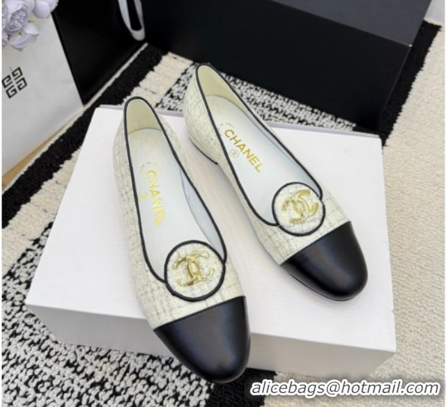 Perfect Chanel Sequins & Leather Ballets Flat with Circle CC CH030706 White 2026