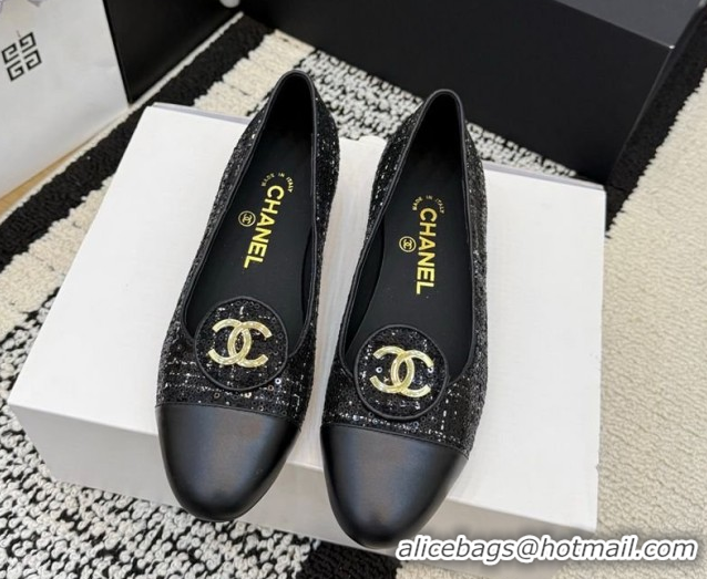 Discount Chanel Sequins & Leather Ballets Flat with Circle CC CH030706 Black 2026