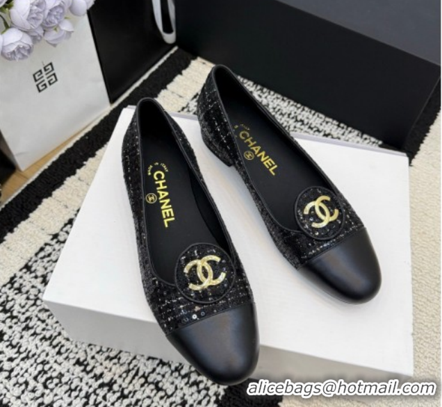 Discount Chanel Sequins & Leather Ballets Flat with Circle CC CH030706 Black 2026