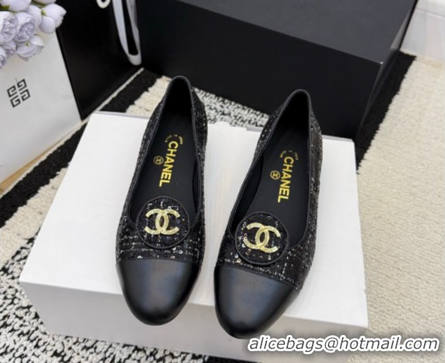 Discount Chanel Sequins & Leather Ballets Flat with Circle CC CH030706 Black 2026