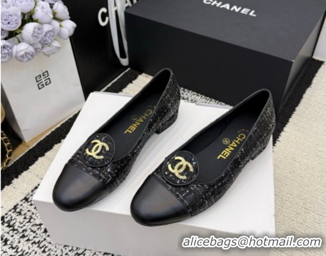 Discount Chanel Sequins & Leather Ballets Flat with Circle CC CH030706 Black 2026