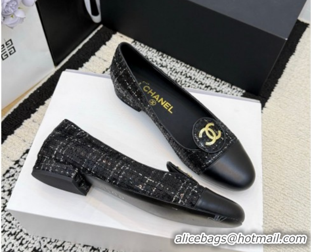 Discount Chanel Sequins & Leather Ballets Flat with Circle CC CH030706 Black 2026