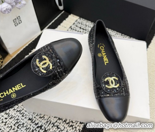 Discount Chanel Sequins & Leather Ballets Flat with Circle CC CH030706 Black 2026