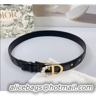 Inexpensive Dior Oblique Leather Belt 3cm with Pearls CD Buckle 0108 Black/Gold 2025