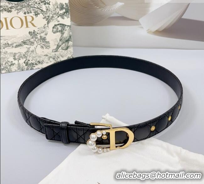 Inexpensive Dior Oblique Leather Belt 3cm with Pearls CD Buckle 0108 Black/Gold 2025