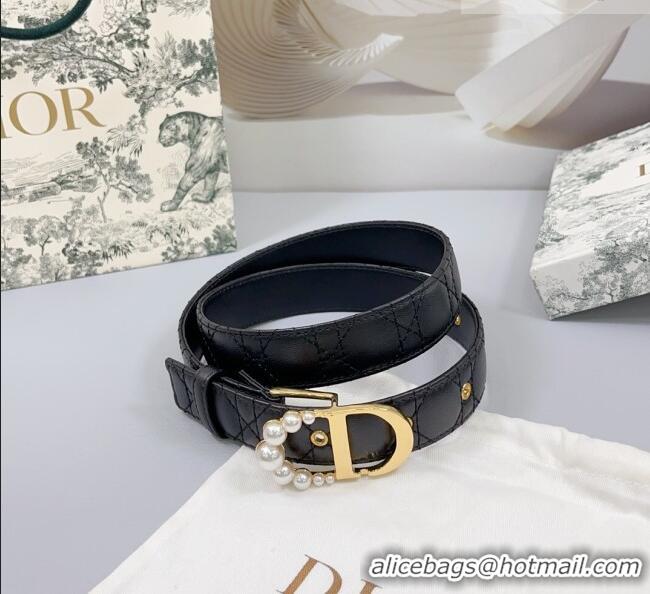 Inexpensive Dior Oblique Leather Belt 3cm with Pearls CD Buckle 0108 Black/Gold 2025