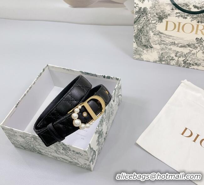 Inexpensive Dior Oblique Leather Belt 3cm with Pearls CD Buckle 0108 Black/Gold 2025
