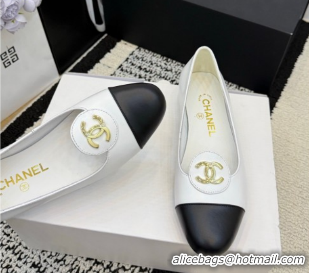 Stylish Chanel Calfskin Leather Ballets Flat with Circle CC CH030706 White 2026