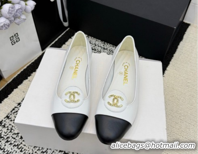Stylish Chanel Calfskin Leather Ballets Flat with Circle CC CH030706 White 2026