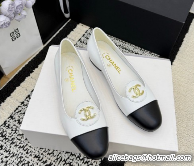 Stylish Chanel Calfskin Leather Ballets Flat with Circle CC CH030706 White 2026