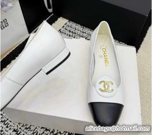 Stylish Chanel Calfskin Leather Ballets Flat with Circle CC CH030706 White 2026