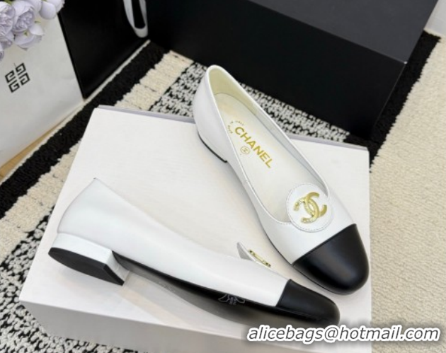 Stylish Chanel Calfskin Leather Ballets Flat with Circle CC CH030706 White 2026