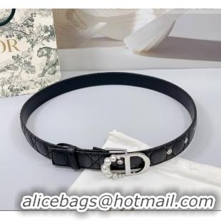 Promotional Dior Oblique Leather Belt 3cm with Pearls CD Buckle 0108 Black/Silver 2025