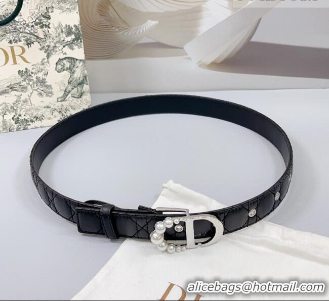 Promotional Dior Oblique Leather Belt 3cm with Pearls CD Buckle 0108 Black/Silver 2025