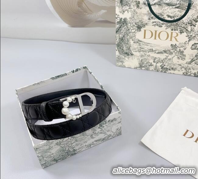 Promotional Dior Oblique Leather Belt 3cm with Pearls CD Buckle 0108 Black/Silver 2025