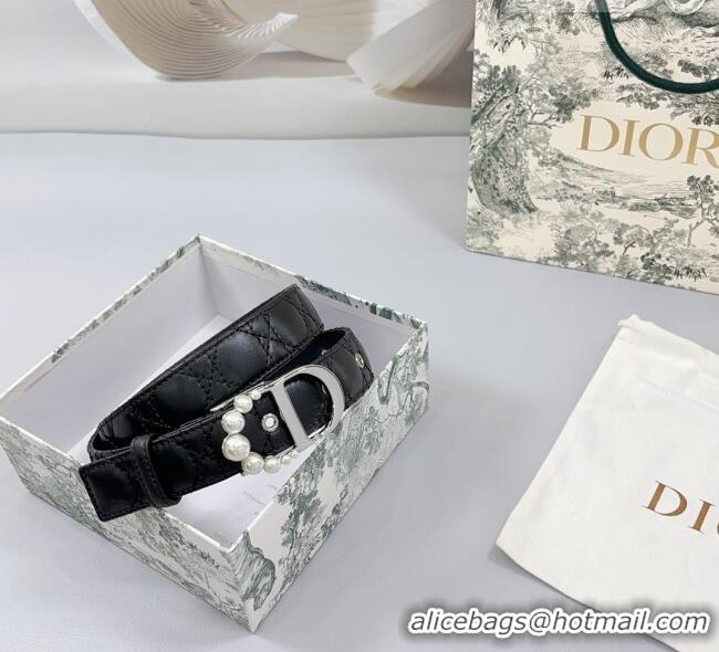 Promotional Dior Oblique Leather Belt 3cm with Pearls CD Buckle 0108 Black/Silver 2025