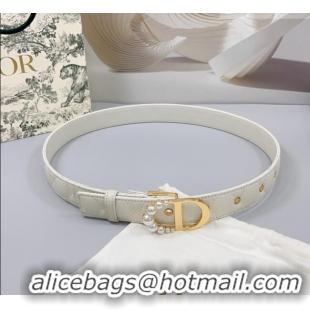 Top Quality Dior Oblique Leather Belt 3cm with Pearls CD Buckle 0108 White/Gold 2025