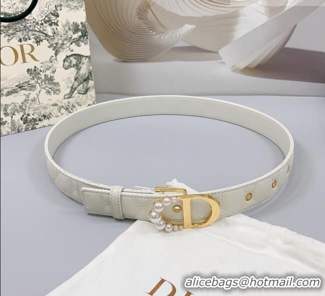 Top Quality Dior Oblique Leather Belt 3cm with Pearls CD Buckle 0108 White/Gold 2025