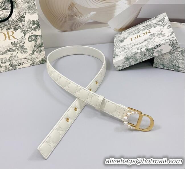 Top Quality Dior Oblique Leather Belt 3cm with Pearls CD Buckle 0108 White/Gold 2025