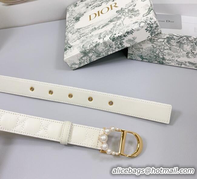 Top Quality Dior Oblique Leather Belt 3cm with Pearls CD Buckle 0108 White/Gold 2025